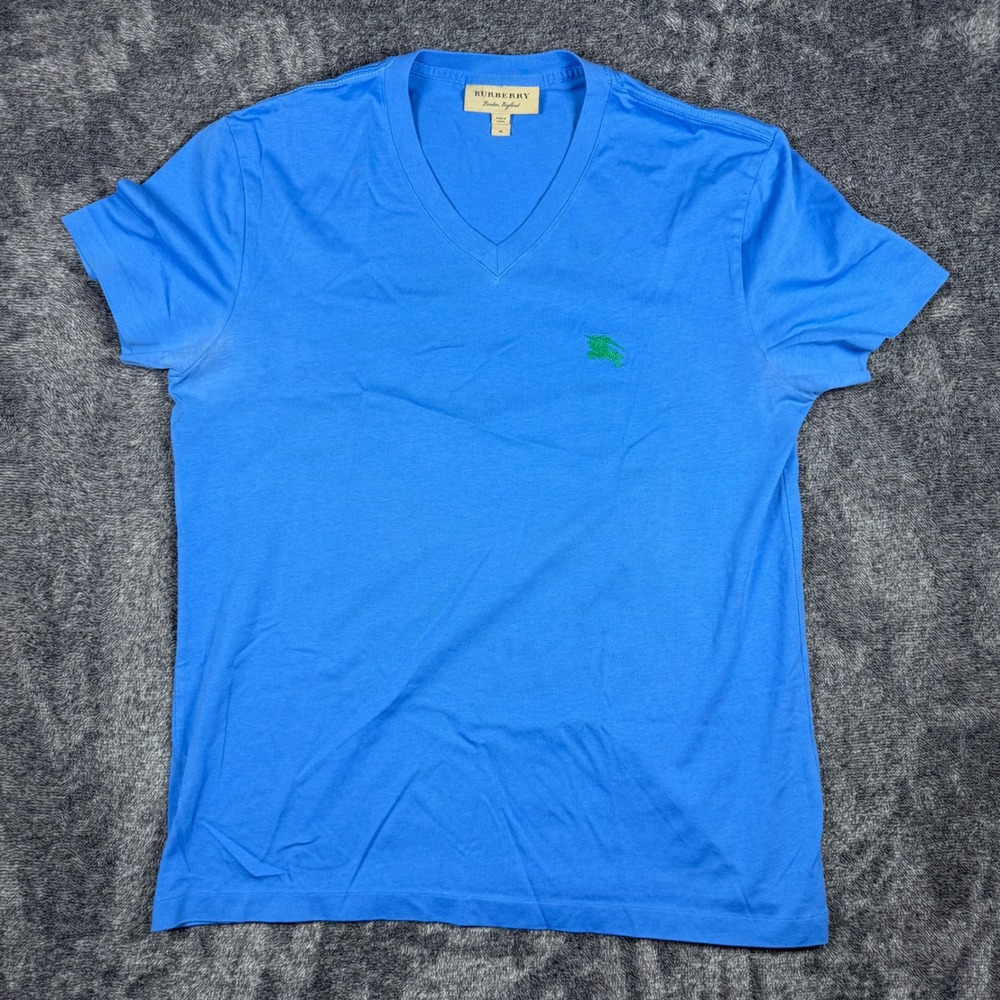 Burberry London England Mens V-Neck T-Shirt Blue Cotton Knight Logo Size M